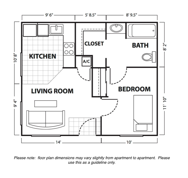 Floor plan for 1 bed, 1 bath, 480 sqft